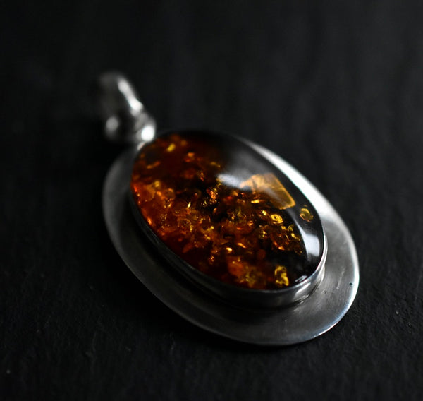 Chic Vintage Dark Baltic Amber Silver Sterling 925 Pendant