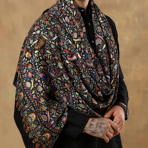 Paisley Kalamkari Black Silk Wool Stole