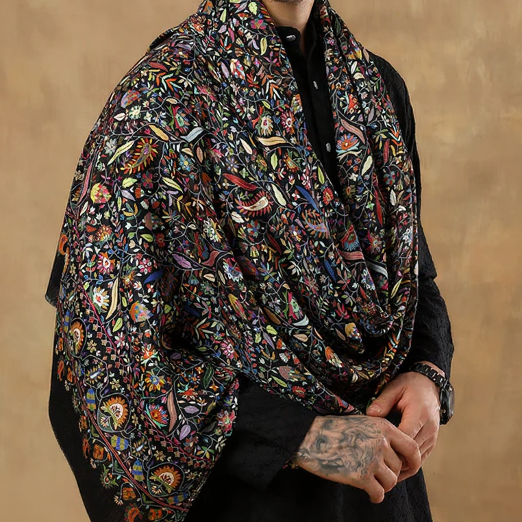 Paisley Kalamkari Black Silk Wool Stole