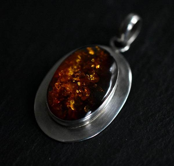 Chic Vintage Dark Baltic Amber Silver Sterling 925 Pendant