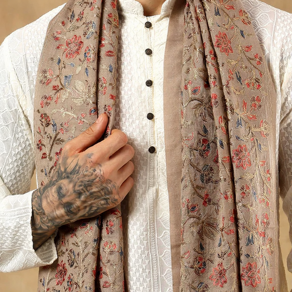 Chinar Design Nalki Embriodery Pashmina Stole – Luxury Fine Wool Beige