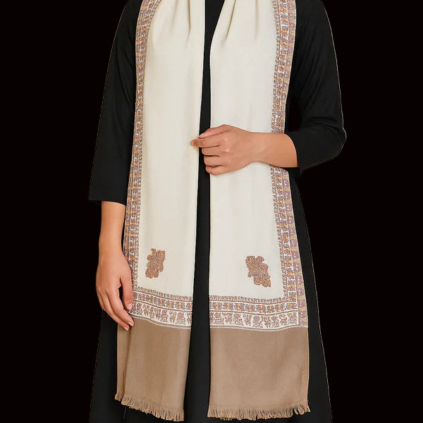 100% Pure Wool Border Weave Shawl – Soft, Warm & Elegant - Ivory