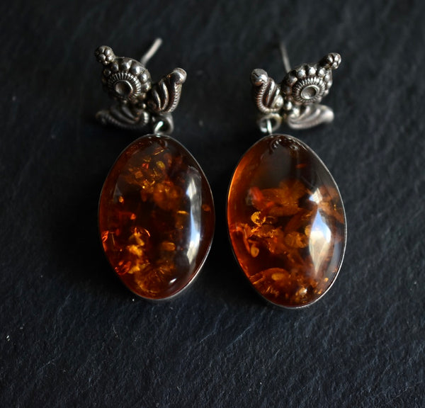 Eye-Catching Balkan Amber Vintage Silver Sterling 925 Earrings