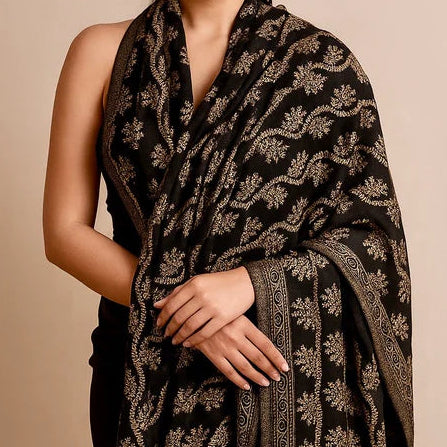 Black Pure Wool Stole – Silver Zari Woven Style