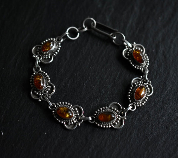 Beautiful Marcasite Baltic Amber Vintage Silver Sterling 925 Bracelet