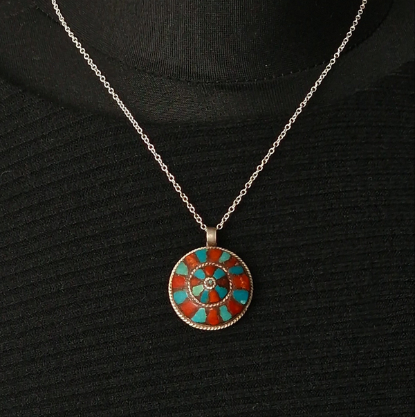 Handcrafted Turquoise and Coral Inlay Silver Sterling Pendant