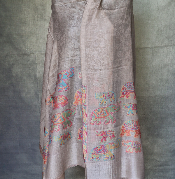 Luxury Cashmere Elephant Design Kani Brown Pashmina Shawl - Rustic Umber