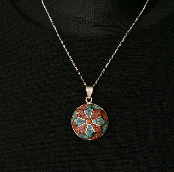 Coral Turquoise Inlay 925 Silver Sterling Pendant