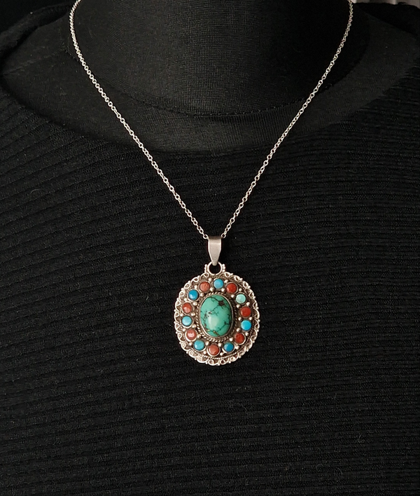 Vintage Handmade Silver Sterling 925 Tibetan Turquoise and Coral Pendant