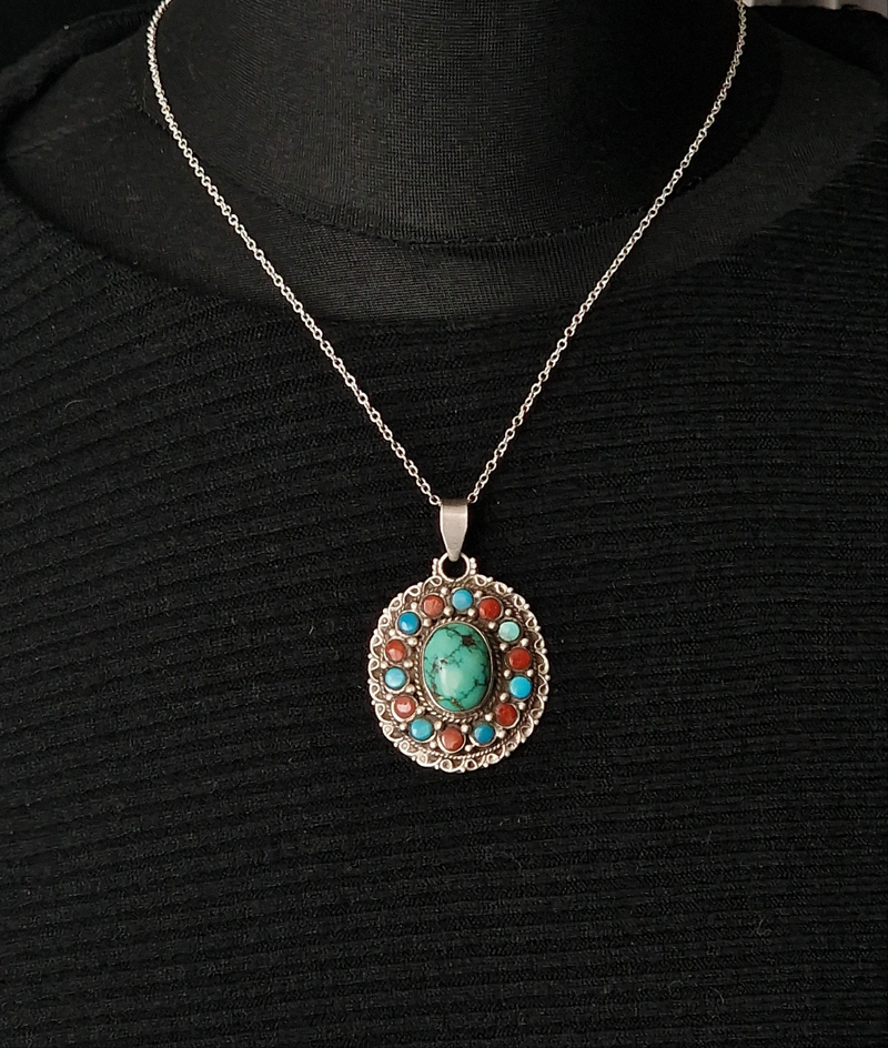 Vintage Handmade Silver Sterling 925 Tibetan Turquoise and Coral Pendant - Baga Ethnik Living Default Title Pendants