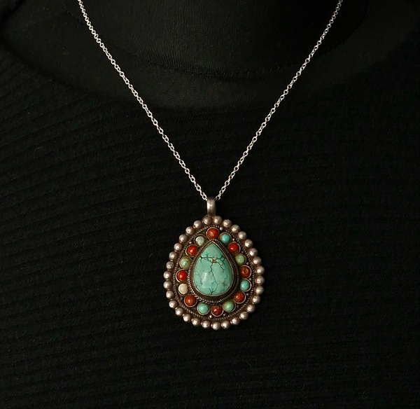 Handmade Vintage Turquoise and Coral  Sterling Silver Pendant