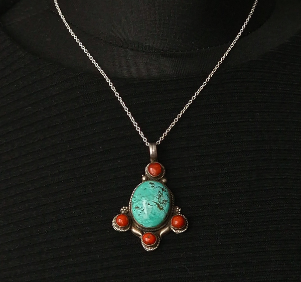 Vintage Coral and Turquoise Sterling Silver Pendant