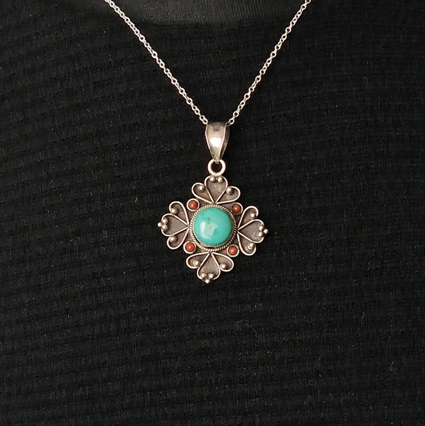 Turquoise and Coral Sterling Silver Pendant