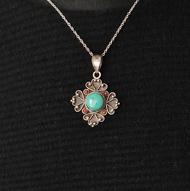 Turquoise and Coral Sterling Silver Pendant
