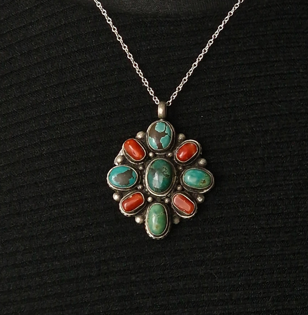 Boho-Chic Tibetan Turquoise & Coral Pendant – 925 Sterling Silver, Handmade, Meaningful Gift