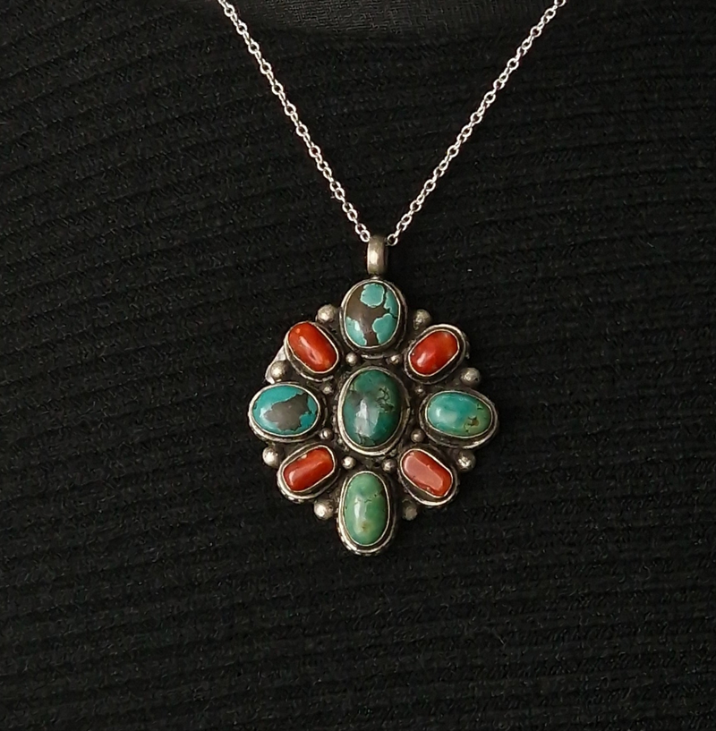 Boho-Chic Tibetan Turquoise & Coral Pendant – 925 Sterling Silver, Handmade, Meaningful Gift