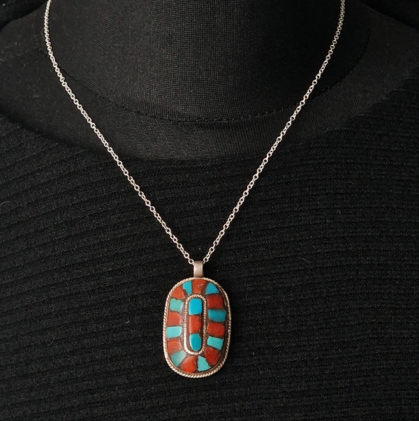 Vintage Turquoise and Coral Sterling Silver Pendant
