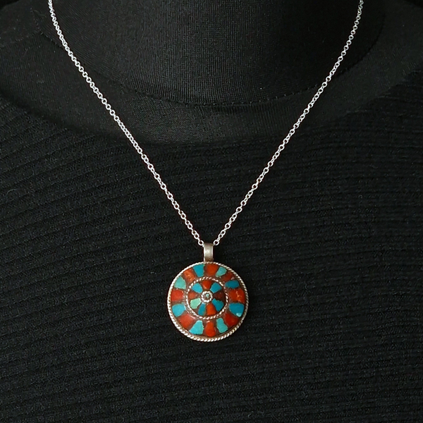 Handcrafted Turquoise and Coral Inlay Silver Sterling Pendant - Baga Ethnik Living Default Title Pendants