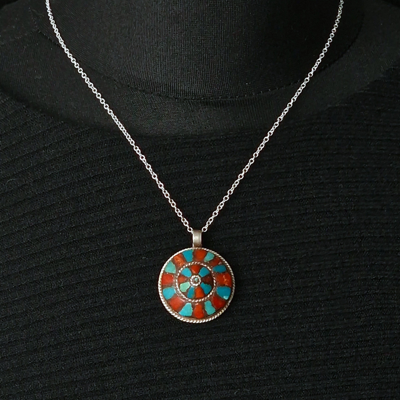 Handcrafted Turquoise and Coral Inlay Silver Sterling Pendant - Baga Ethnik Living Default Title Pendants