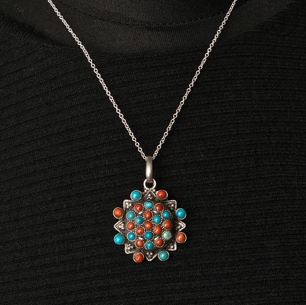 Turquoise and Coral Silver Sterling 925 Pendant
