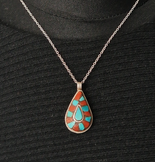 Turquoise and Coral Inlay Tear Drop Silver Pendant