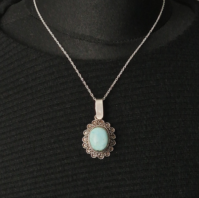 Vintage Turquoise Cabochon Silver Sterling 925 Pendant