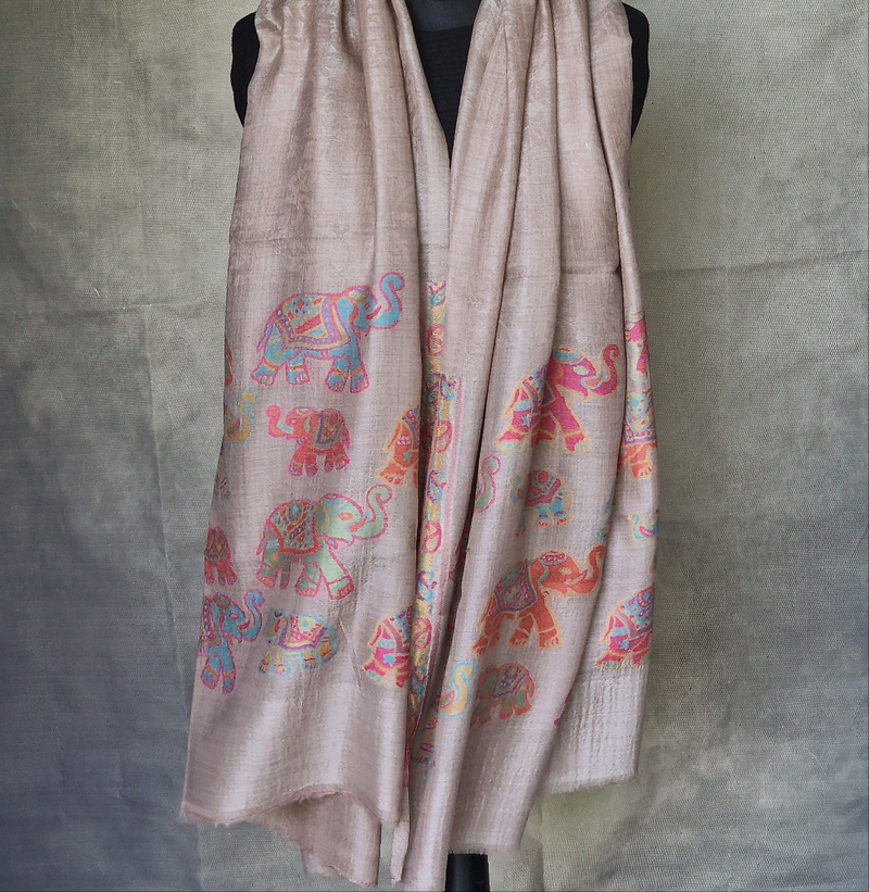 Luxury Cashmere Elephant Design Kani Brown Pashmina Shawl - Rustic Umber