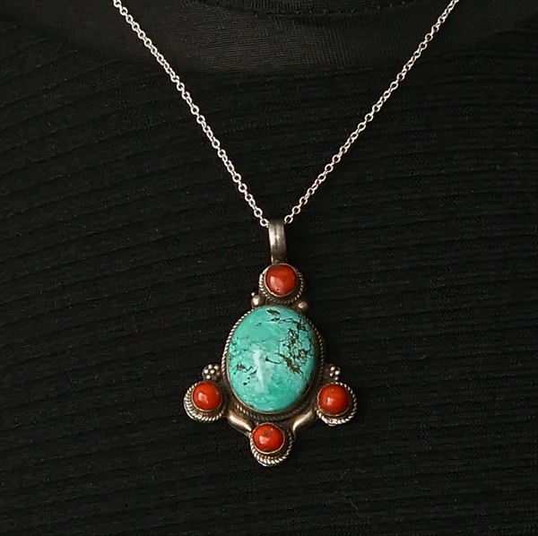 Handmade Vintage Turquoise and Coral Silver Sterling 925 Pendant