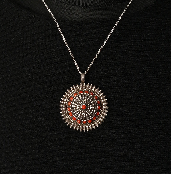 Stunning Handmade Coral Gau Amulet Silver Pendant