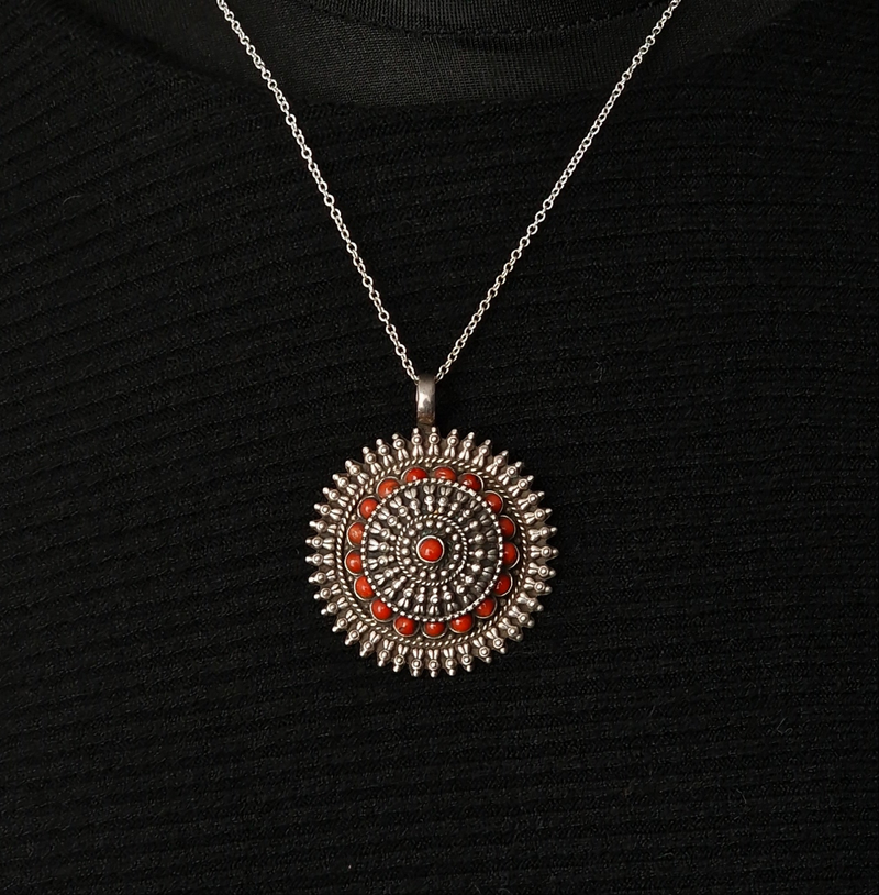 Stunning Handmade Coral Gau Amulet Silver Pendant