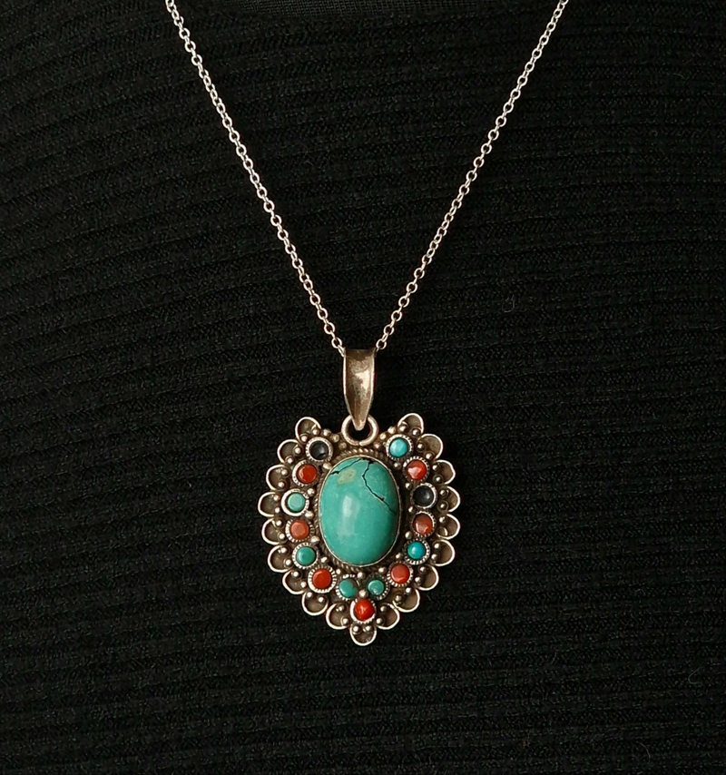 Handmade Turquoise & Coral Cabochon Sterling Silver Pendant | Boho Tibetan Style