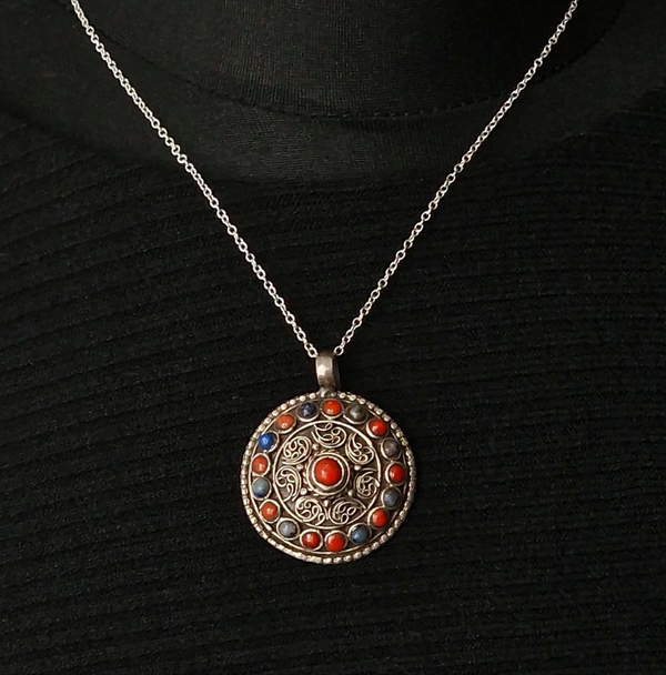 Handcrafted Auspicious Mandela Lapis and Coral Silver Pendant