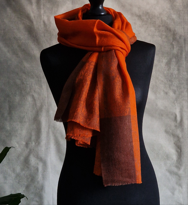Soft Kashmiri Handmade Paisley Weave Pashmina Scarf - Tangerine