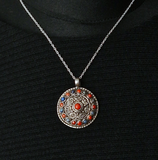 Handcrafted Auspicious Mandela Lapis and Coral Silver Pendant - Baga Ethnik Living Default Title Pendants