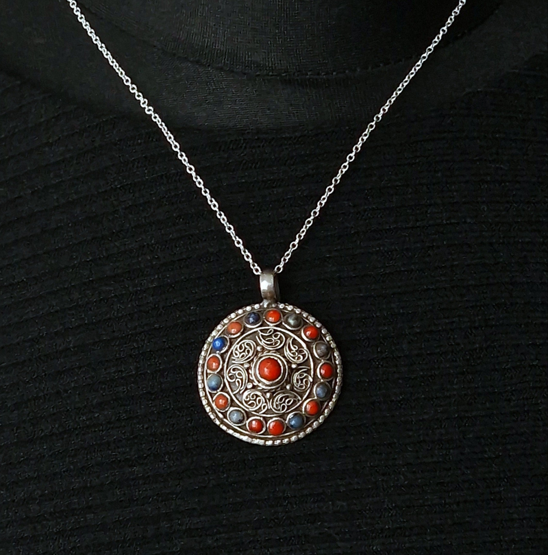 Handcrafted Auspicious Mandela Lapis and Coral Silver Pendant - Baga Ethnik Living Default Title Pendants