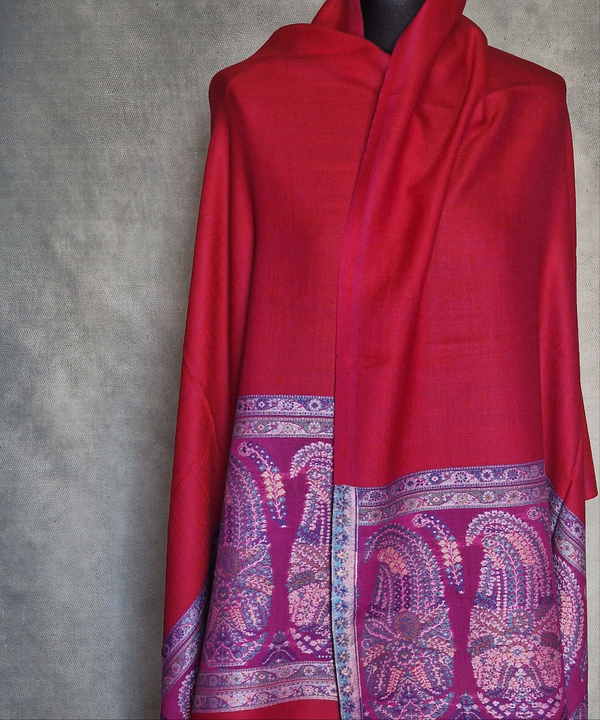 Authentic Luxury Soft Kashmir Border Red Kani Weave Pashminas - Berries Red
