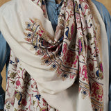 Men’s Fine Wool White Pashmina Shawl – Elephant & Peacock Kashmiri Design