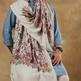 Men’s Fine Wool White Pashmina Shawl – Elephant & Peacock Kashmiri Design
