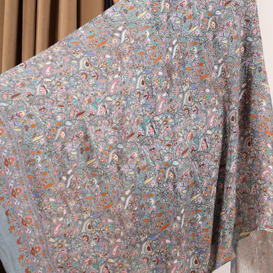 Kalamkari-Style Kani Leaf Shawl – Silk Modal Blend in Elegant Grey