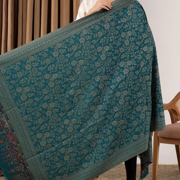 Elegant Kani Weave Pure Wool Shawl – Timeless Craft in Teal Green - Baga Ethnik Living Default Title