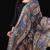 Womens Fine Soft Silk Wool Stole – Black Shikaardar Elephant Print