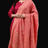 Pure Wool Reversible Pink Floral Motif Shawl – Soft Warm Wool Wrap Scarf for Women