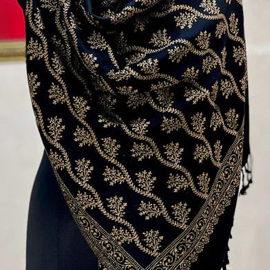 Black Pure Wool Stole – Silver Zari Woven Style