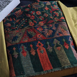 Floral Reversible Kani-Style Pashmina Wool Shawl – Dark Green & Beige
