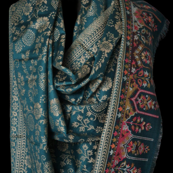 Elegant Kani Weave Pure Wool Shawl – Timeless Craft in Teal Green