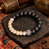 Tibetan Lava Stone & Freshwater Pearl Handmade Bracelet with Dorje Charm