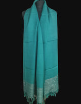 Turquoise Blue Yak Wool Stole – Woven by Hand, Edged in Raw Wool