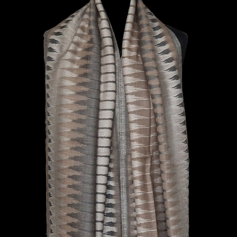 Authentic Ikat Fine Wool Grey and Brown Pashmina Stole – Ashy Oakwood - Baga Ethnik Living Default Title Accessories:Scarves & Wraps