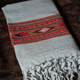 Cloud Grey Tibetan Angora Stole – Kullu Border Tassel Wrap