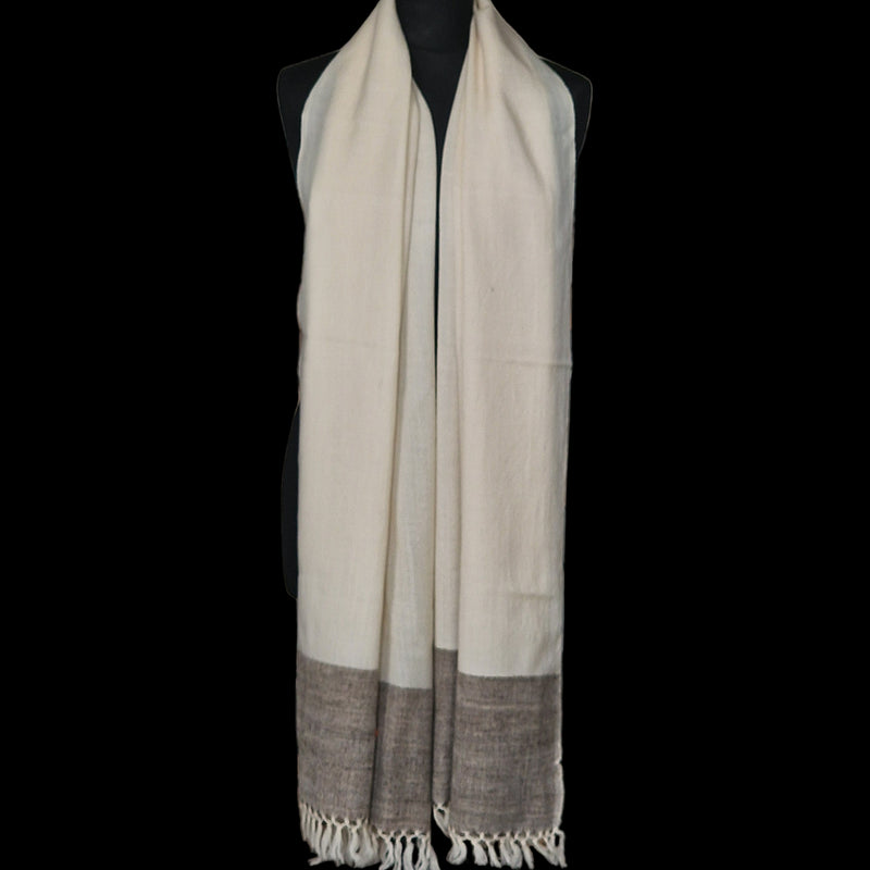 Ivory White Yak Wool Shawl – Handspun Fine Wool, Raw Brown Border, Artisan Crafted - Baga Ethnik Living Default Title Accessories:Scarves & Wraps